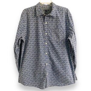 Gap classic fit button down shirt tab sleeves blue white novelty print Sz Large